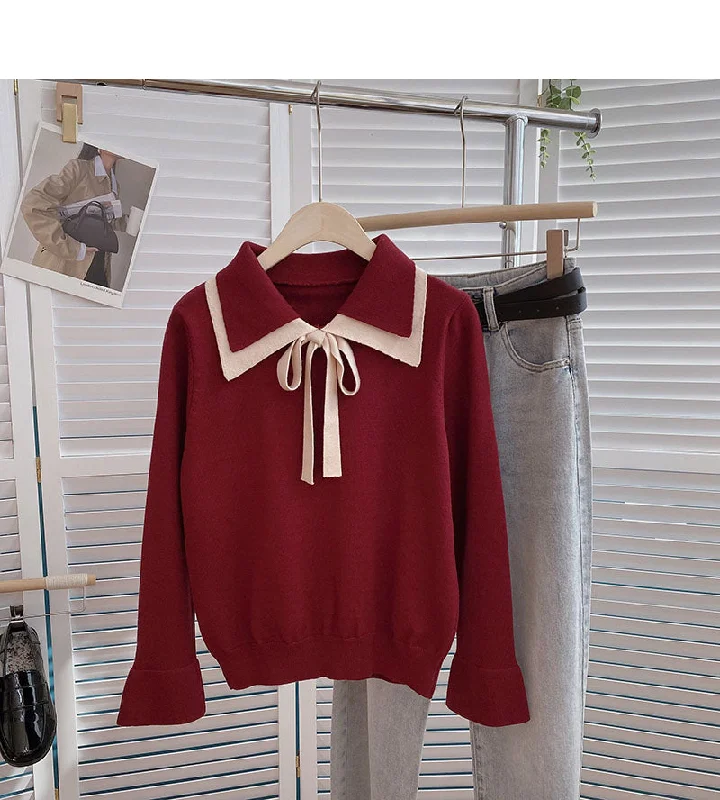 Weekend-Only Price Drops Aging retro contrast Lapel strap flare sleeve top  6673
