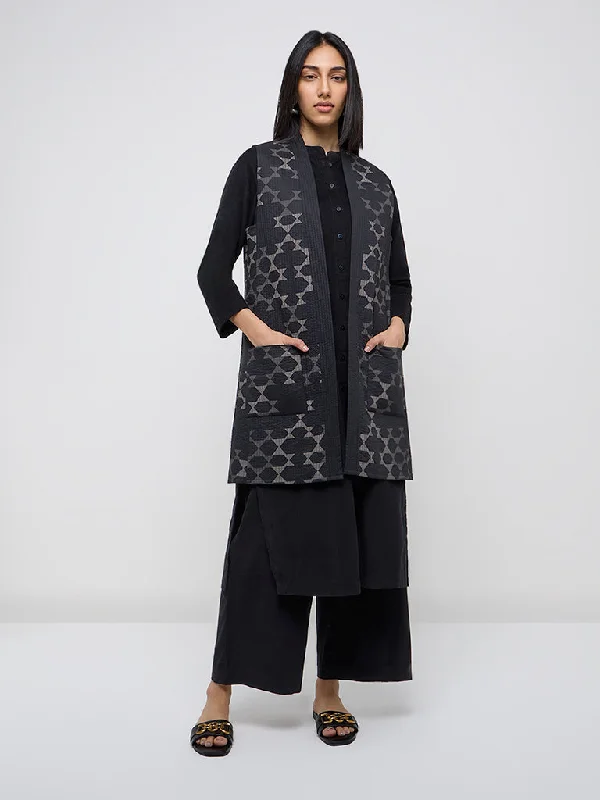 Shop the Weekend Away Utsa Black Geometric Design Quilted Cotton Jacket