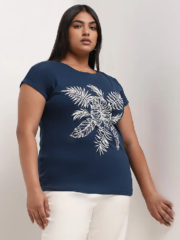 Time-Sensitive Gia Dark Blue Leaf Embossed Cotton Top