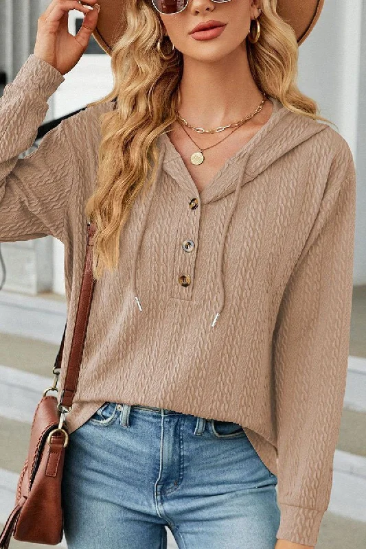 Special Savings WOMEN TWIST CABLE STITCHED BUTTON NECK HOODIE
