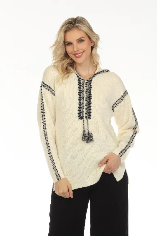 Deal Dash Johnny Was Cream Beltran Multi Color Whipstitch Hooded Baja Sweater Boho Chic M67623