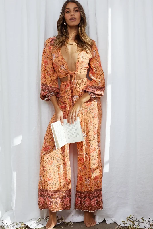 Stock Up and Save Novo Shirred Waist Long Pants Bohemian Print Orange