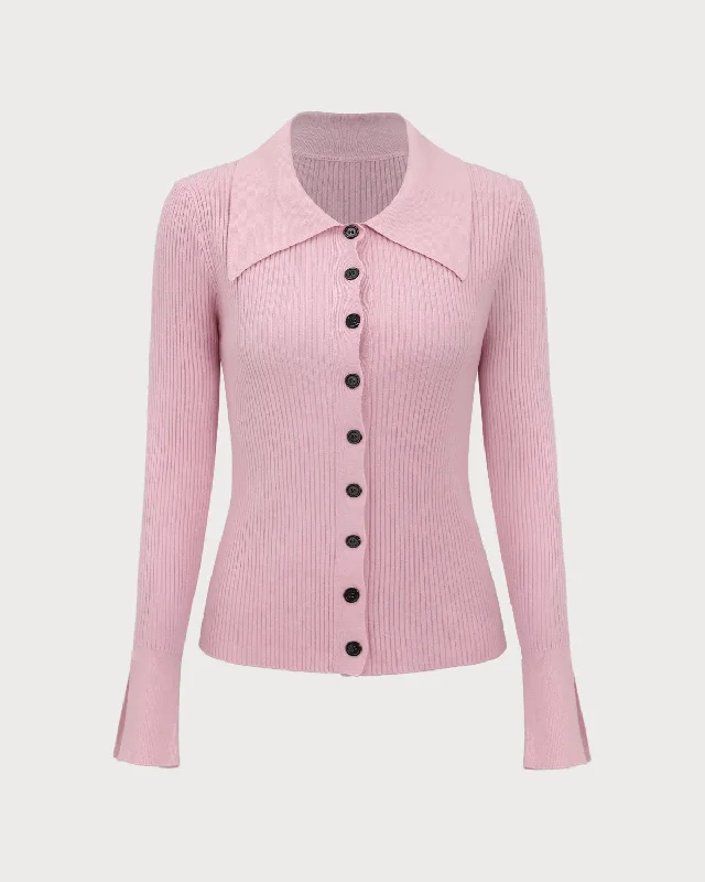 Steal Deal Pink Ribbed Button Slim Cardigan