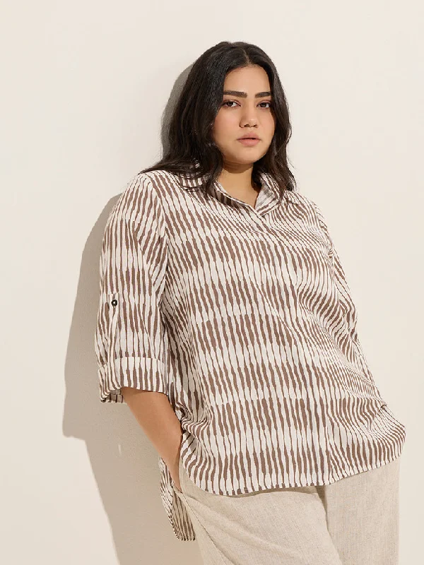 Weekend Discounts to Savor Gia Taupe Abstract Printed High-Low Shirt