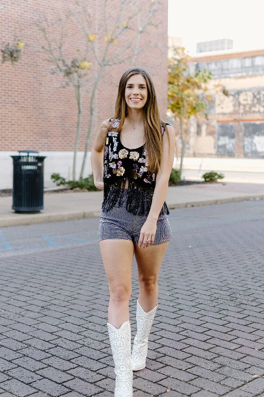 Online Only Black Sequin Detail Fringe Top
