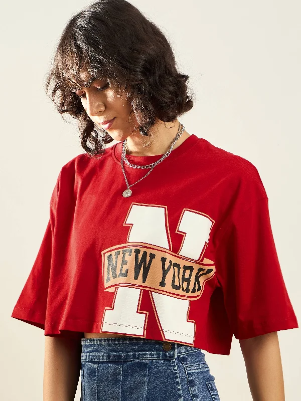 Epic Deals Women Red NEW YORK Printed Crop T-shirt