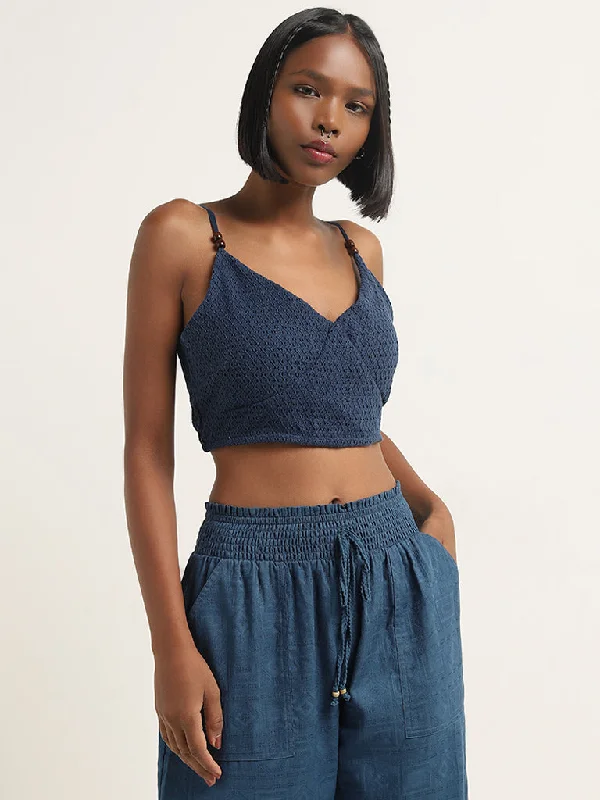 Stock Clearance Bombay Paisley Navy Knit-Textured Cotton Crop Top