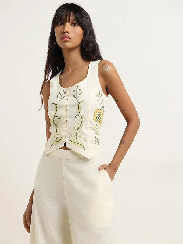 Hurry In Bombay Paisley Off-White Floral Embroidered Top