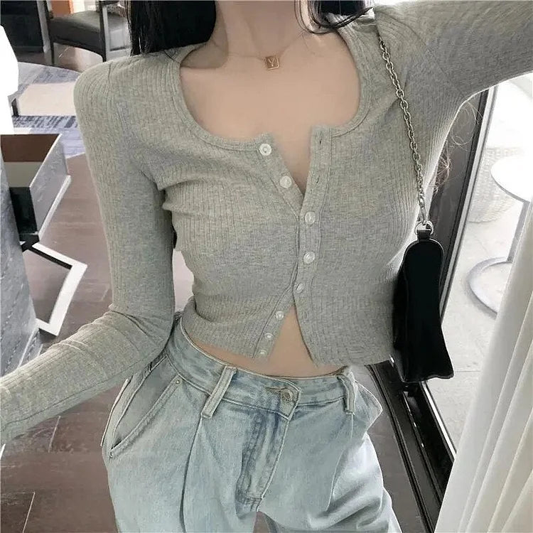 Make Your Weekend Count with Savings New Autumn Thin Ribbed Cardigan Women Sexy Long Sleeve O Neck Button Up Crop Top Korean Clothing     S2795