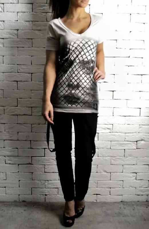 Stock Clearance Mesh Face V Neck - Cream