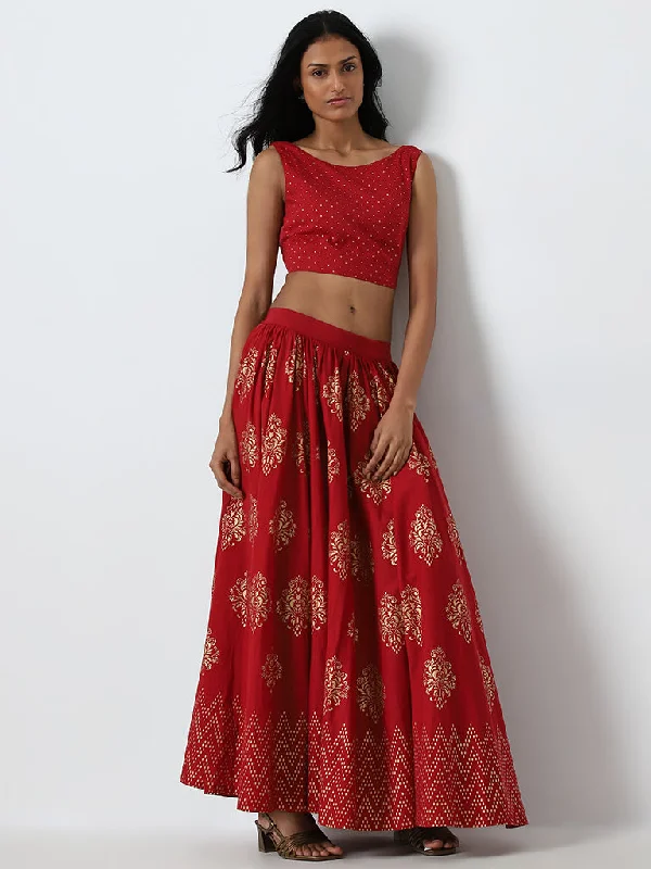 Weekend Discounts to Delight Utsa Red Badla Printed Crop Blouse