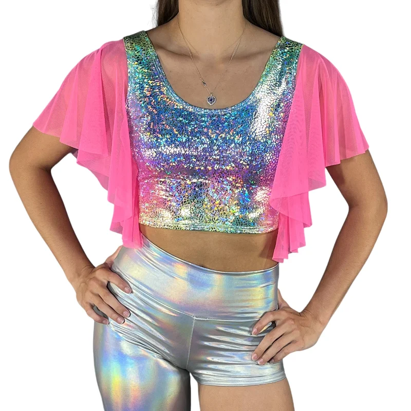 Weekend Savings Fiesta Flutter Sleeve Top Rainbow Avatar Holo | Mesh Sleeve Ruffle Shirt | Holographic Festival Crop Top Weekend Savings Fiesta Flutter Sleeve Top Rainbow Avatar Holo | Mesh Sleeve Ruffle Shirt | Holographic Festival Crop Top