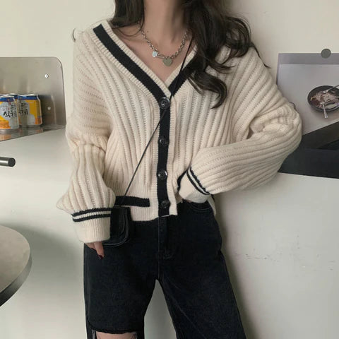 Overstock Clearance V-NECK KNITTED SLIM CARDIGAN SWEATER       S2800