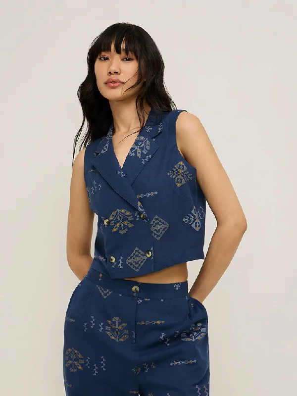 Cash Savings Bombay Paisley Navy Waistcoat-Style Cotton Blend Top
