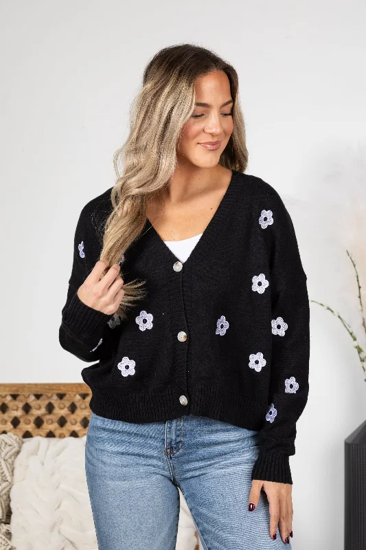 Don't Wait Black Flower Pattern Buttoned Cardigan