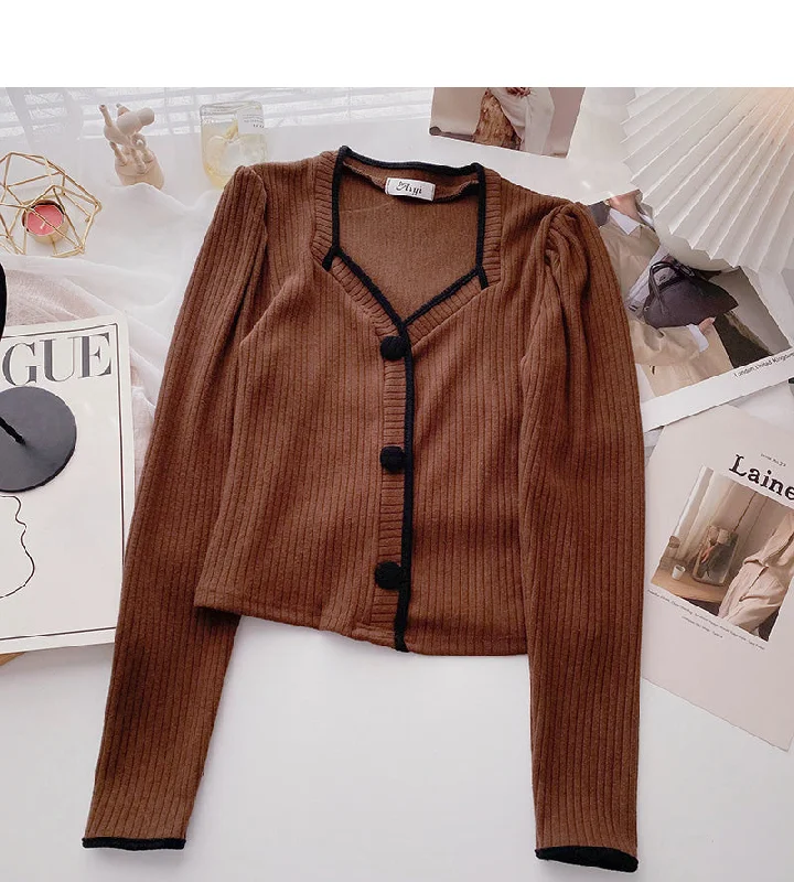 Massive Deals French small square neck sweater long sleeve color matching top  6695