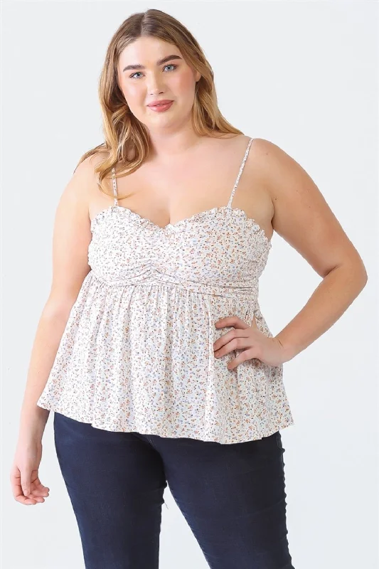 Referral Discount Zenobia Plus Size Frill Smocked Floral Sweetheart Neck Cami