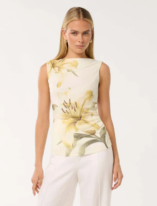 Weekend Price Cuts Galore Zora Ruched Mesh Printed Top