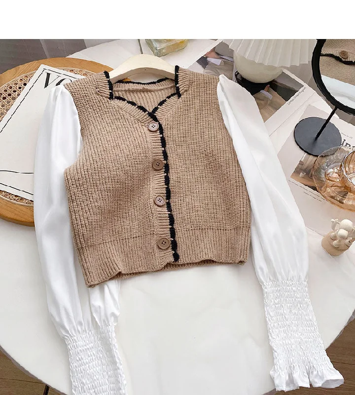 Stock Up French small square neck stitched long sleeve fake two-piece blouse  6683