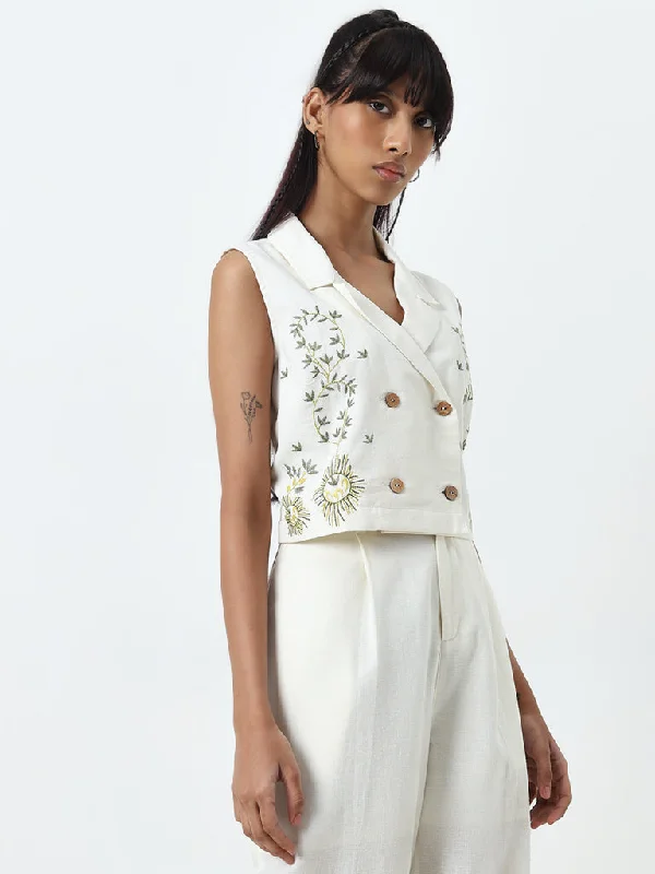Midnight Madness Bombay Paisley Ivory Waistcoat-Style Cotton Blend Top