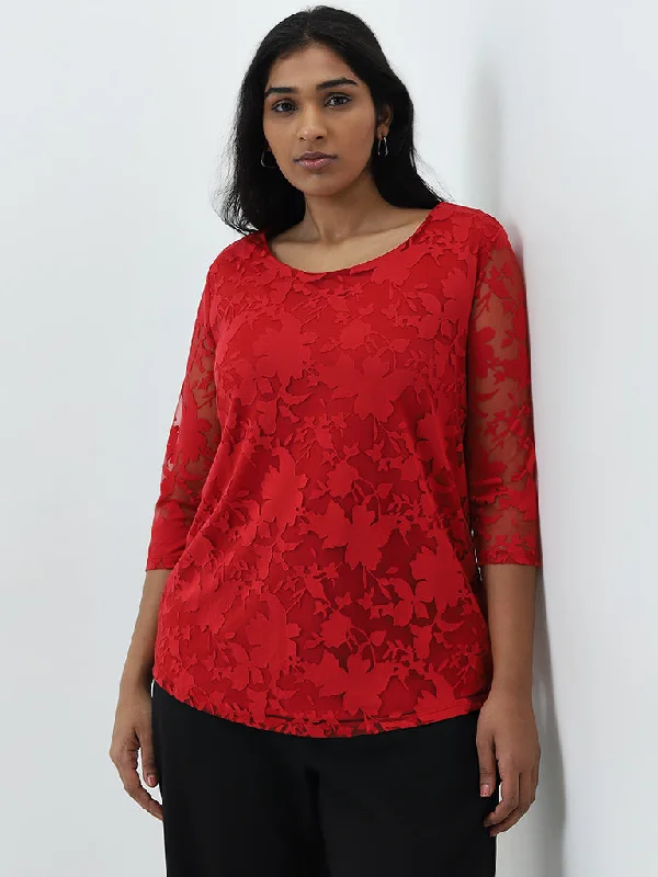 Special Discount Gia Red Floral Net Blouse