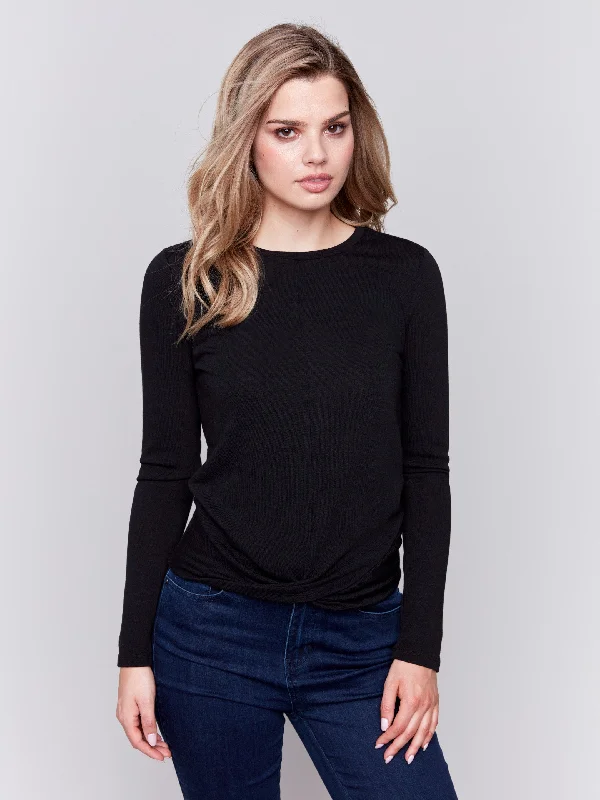 Price Blitz Soft Jersey Top with Front Knot Detail - Black