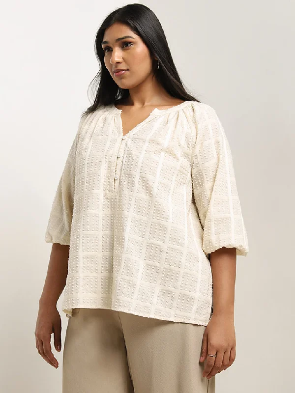 Weekend Specials to Cherish Gia Cream Swiss Dot Textured Cotton Blend Blouse