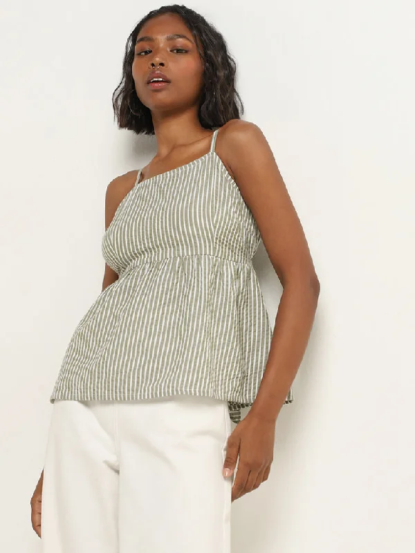 New Arrival Bombay Paisley Sage Stripe Printed Cotton Top