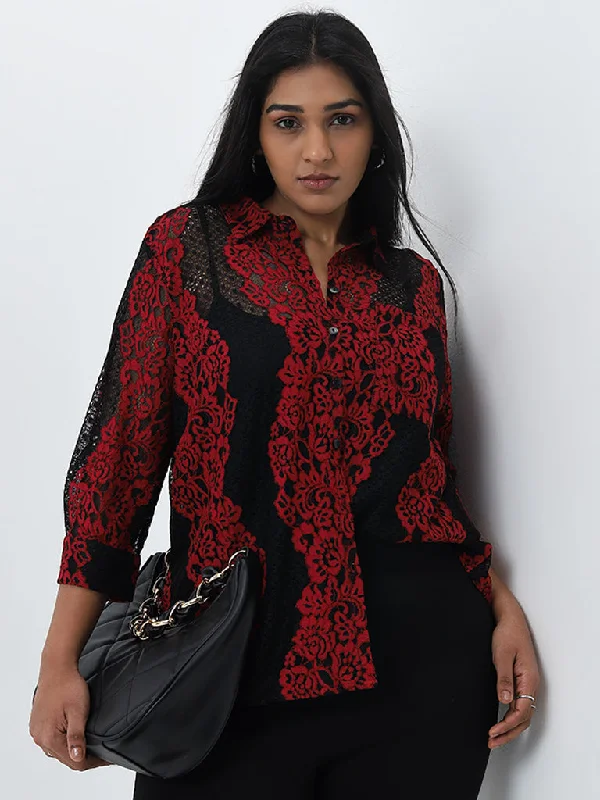 Sale Alert Gia Black & Red Floral Lace Shirt with Camisole