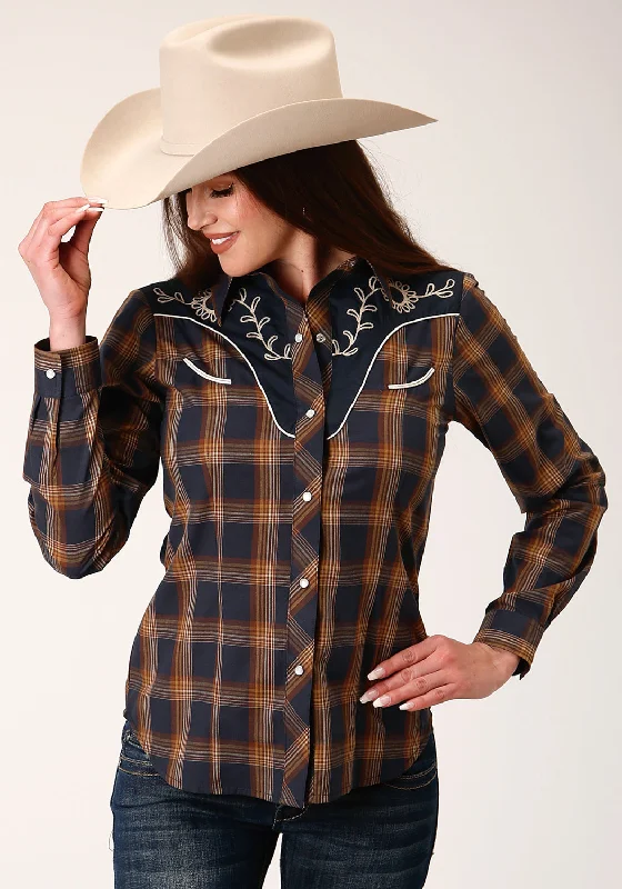 Year-End Clearance Roper Womens 822 Plaid Navy/Brown Cotton Blend L/S Shirt