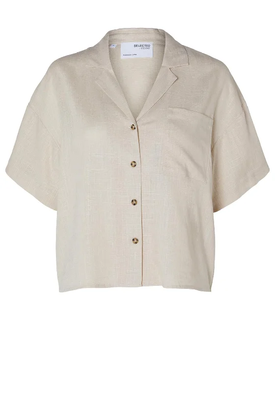 Don't Wait Selected Femme Eloisa Crop Linen Blend Shirt, Sandshell