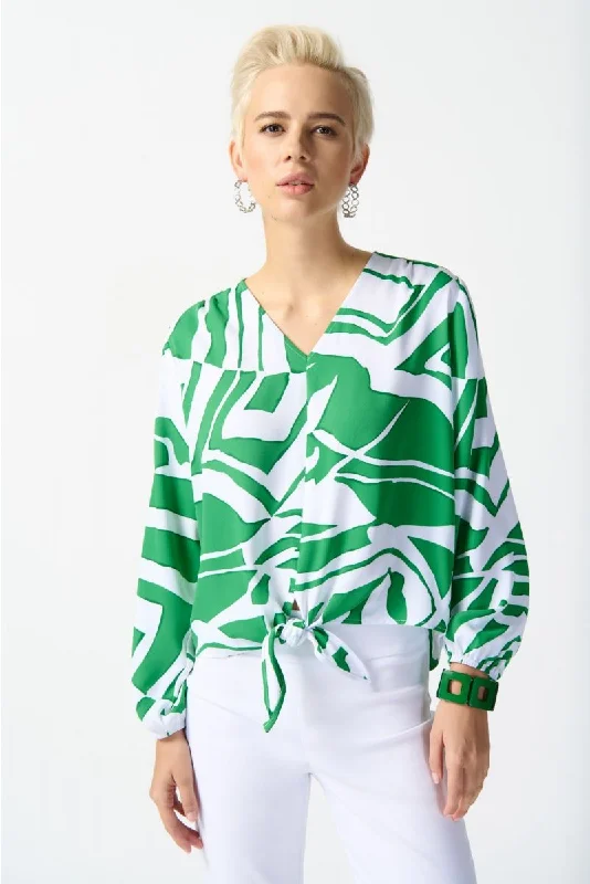 Hurry In Joseph Ribkoff Green/Vanilla Abstract Print Tie Front Puff Sleeve Top 242121 Hurry In Joseph Ribkoff Green/Vanilla Abstract Print Tie Front Puff Sleeve Top 242121