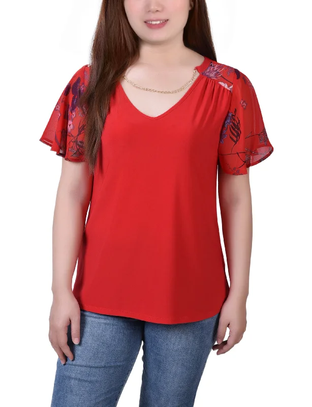 Grand Opening Sale Petite Combo Chiffon-Sleeve V Neck Top