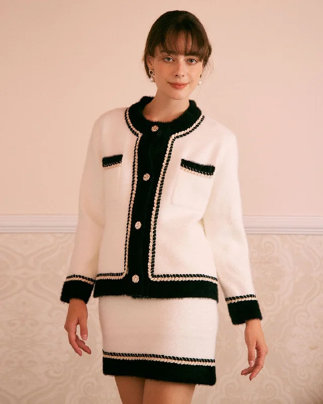 Closeout Sale The Beige Round Neck Colorblock Cardigan