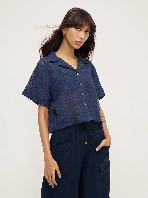 Crazy Savings Bombay Paisley Navy Knit-Textured Cotton Blend Shirt