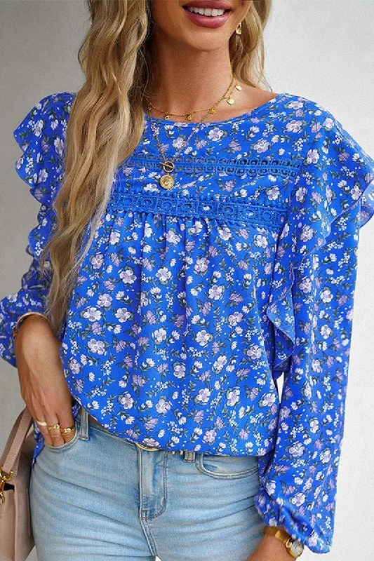 Act Fast WOMEN LACE TRIM FRILL ANGEL SLEEVE FLORAL BLOUSE