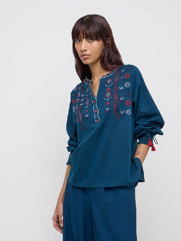 Weekend Special Bombay Paisley Blue Embroidered Cotton Blouse