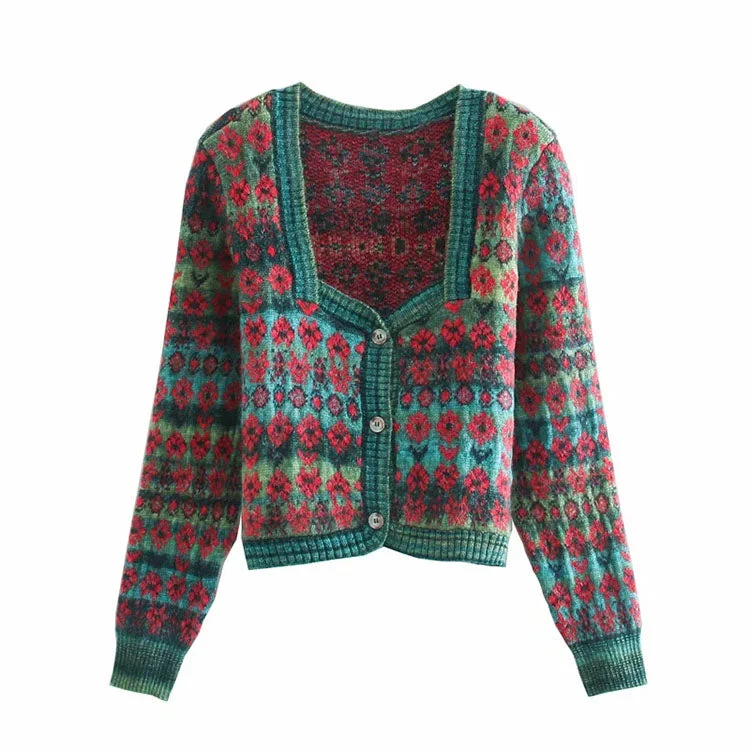 Referral Discount Sweater coat women's cardigan square neck Vintage contrast jacquard long sleeve knitting  7159