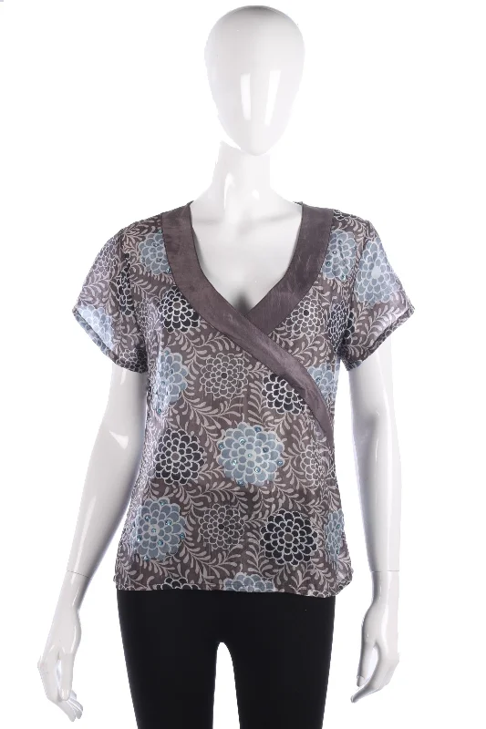 Limited Availability Norman Longstaff Silk Top Grey and Teal Size M