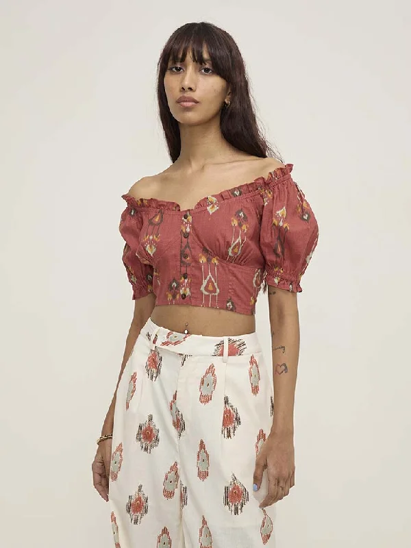 Bargain Alert Bombay Paisley Rust Ikat Printed Cotton Top
