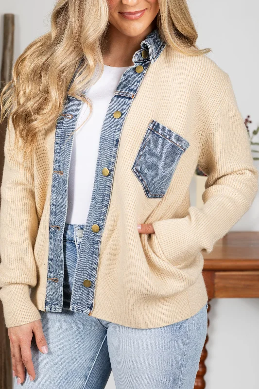 Extra Discount Beige With Denim Contrast Jacket