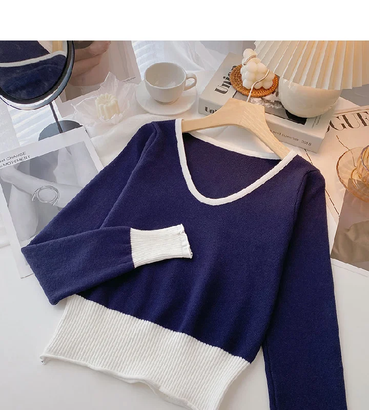 Now or Never Versatile design contrast V-Neck long sleeve top  6694