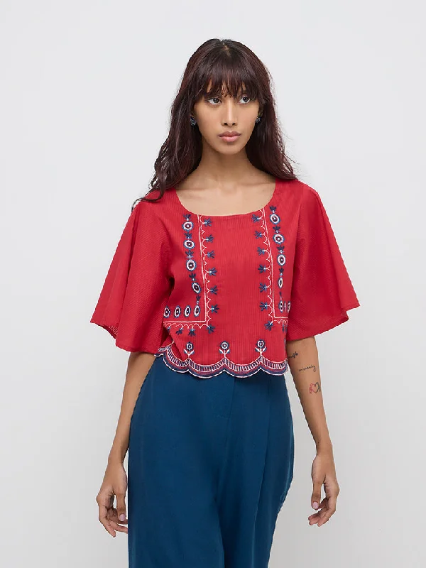 Special Offer Bombay Paisley Red Embroidered Cotton Top