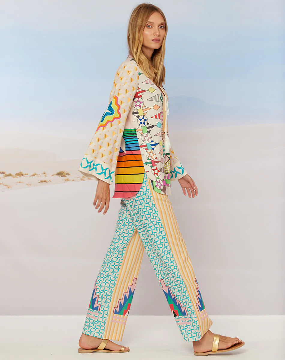 Super Deal Avery Straight Leg Linen Printed Trousers