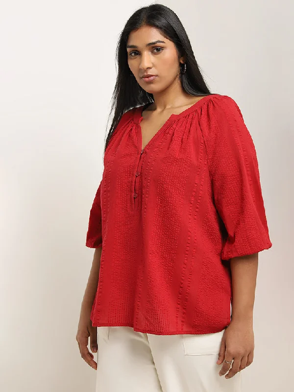 Limited Offer Gia Red Seersucker Textured Cotton Top