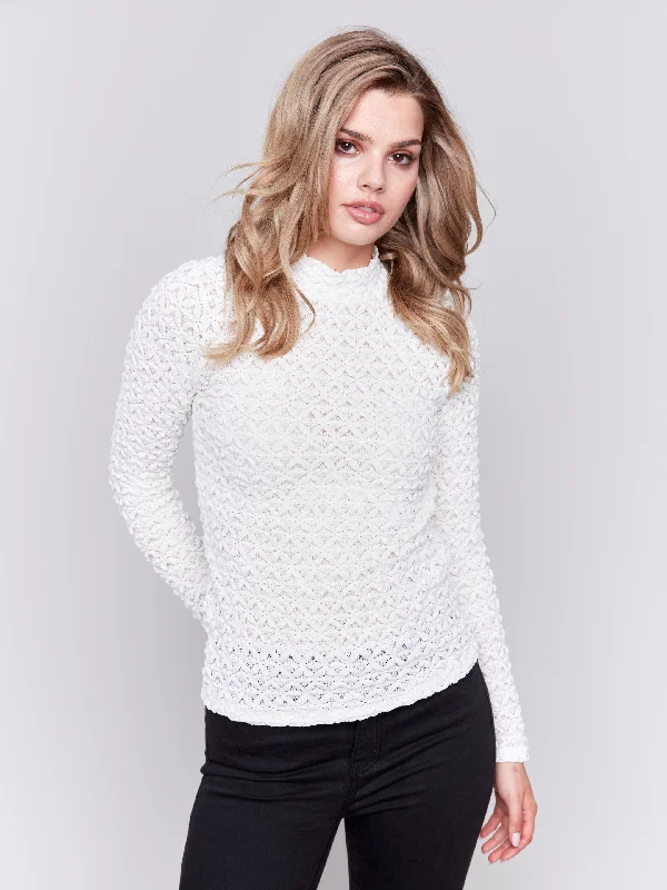 Savings Spectacular Lace Mock Neck Top - Ecru
