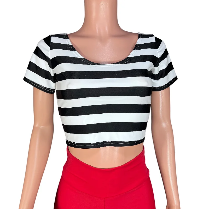 Limited Availability Black & White Striped Short Sleeve Crop Top - Spandex Cropped Shirt for Eras Tour