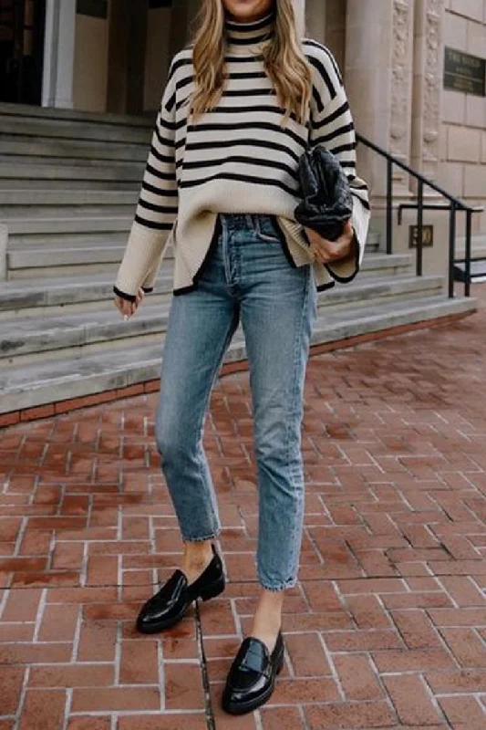 Great Deal White Roll Neck Striped Ribbed Pullover Sweater     S2825