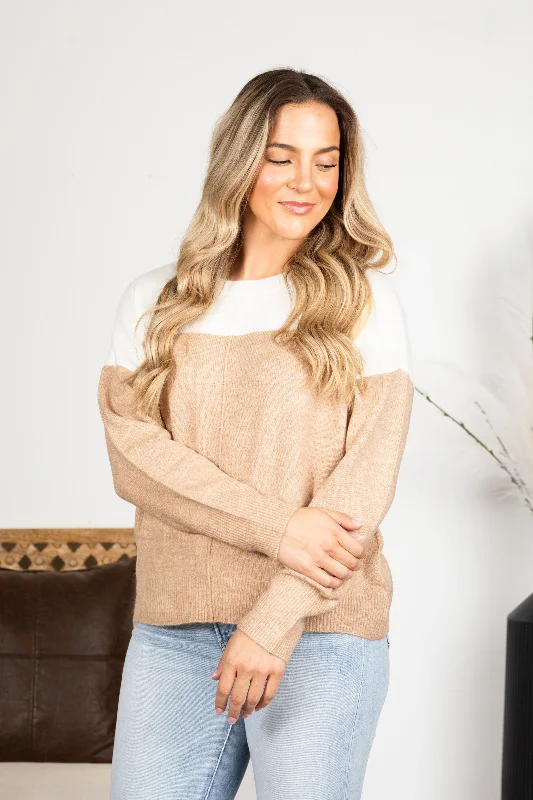 Sale Alert Taupe and Off White Long Sleeve Knit Sweater Top