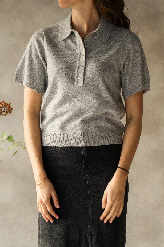 Online Only Gracie knit polo tee light grey